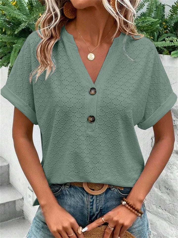 Women's Casual Solid Color Jacquard Button V-neck Pullover T-shirts