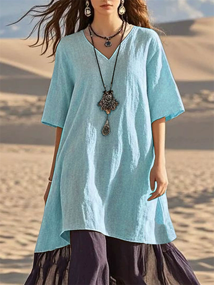 Women's Elegant Casual Contrast Color Half Sleeve V Neck Dress