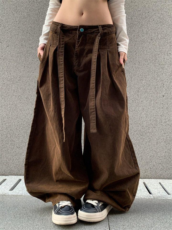 Women's Simple High-Waist Pleated Baggy Casual Pants with Belt