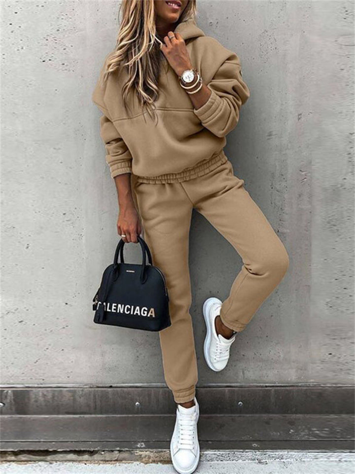 Women's Casual Solid Color Hooded Sweatshirts & Sweatpants Outfit