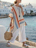 Women's 2pcs Summer Contrast Color Stripe Short Sleeve Top & Pants Set