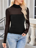 Women's Solid Color Mesh Patchwork High Neck Long-sleeve Undershirt