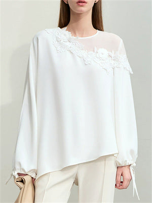 Elegant Summer 3D Flower Long Sleeve White Chiffon Shirt for Lady
