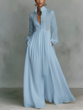 Women Spring Breathable Elegant Buttons Pleated Long Sleeve Maxi Dress