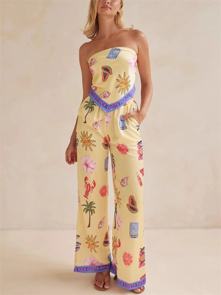Women's 2pcs Casual Cartoon Print Tube Top & Wide Leg Pants Set