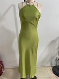 Women's Summer Solid Color Satin Halter Strap Cocktail Dress
