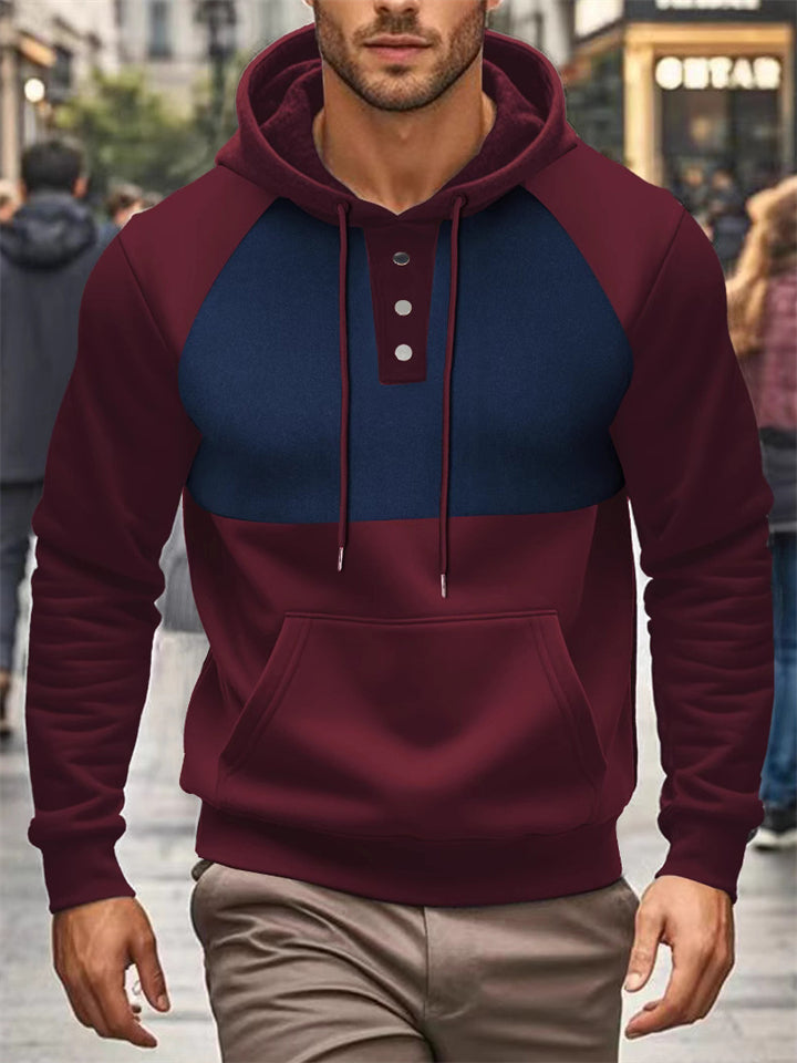Men's Autumn Fleece Lined Pullover Pockets Block Color Hoodie