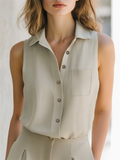 Ladies' Elegant Khaki Solid Color Button Up Lapel Sleeveless Blouses