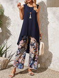Women's Leisure Dark Blue Sleeveless Shirt + Paisley Print Pants