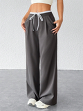 ‌Gray Wide Leg Casual Pants for Women with Drawstring Waist‌