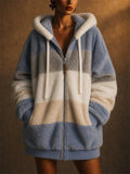 Women Oversized Color Block Fuzzy Sherpa Fleece Zip Hoodie