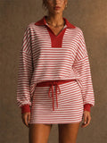 Women Striped Knit 2 Piece Set Polo Top and Mini Skirt