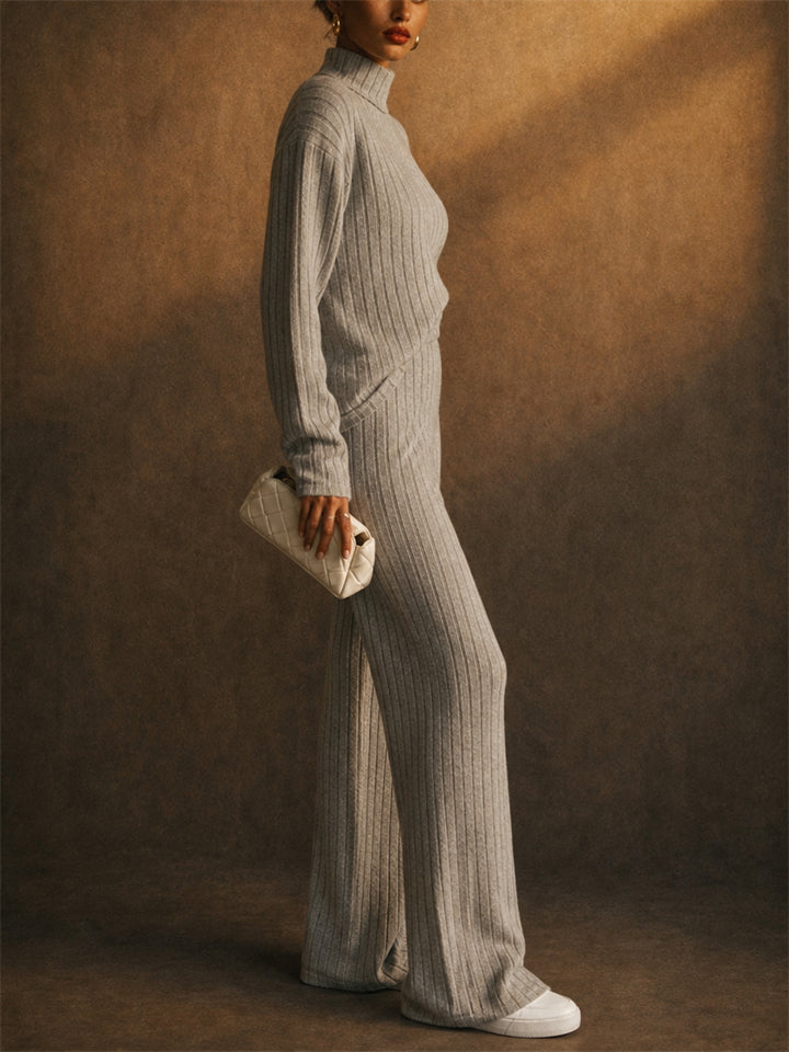 Women 2 Piece Cozy Ribbed Knit Turtleneck Top and Wide Leg Pants Set