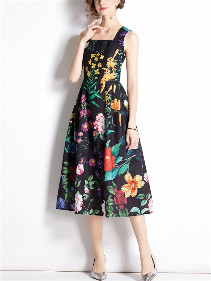 French Style Holiday Elegant Flowers Print Strappy Midi Dress for Lady