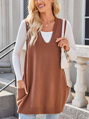 Women's Solid Color V Neck Pockets Sleeveless Vest Sweater