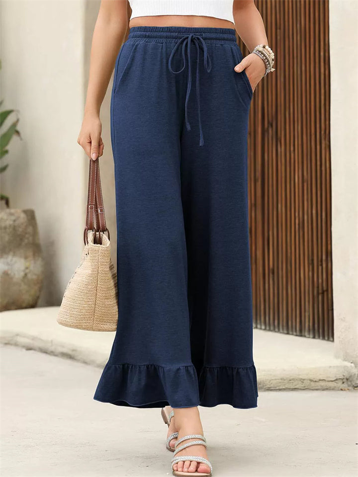 Women's Summer Solid Color Wide Leg Ruffled Hem Cropped Pants