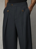 ‌Men's Casual High-Waist Pleated Suit Trousers with Button Details