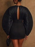 Women Black Pleated Lantern Sleeve Mini Cocktail Dress