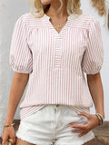 Women's Summer Striped V Neck Bishop Sleeve Shirts