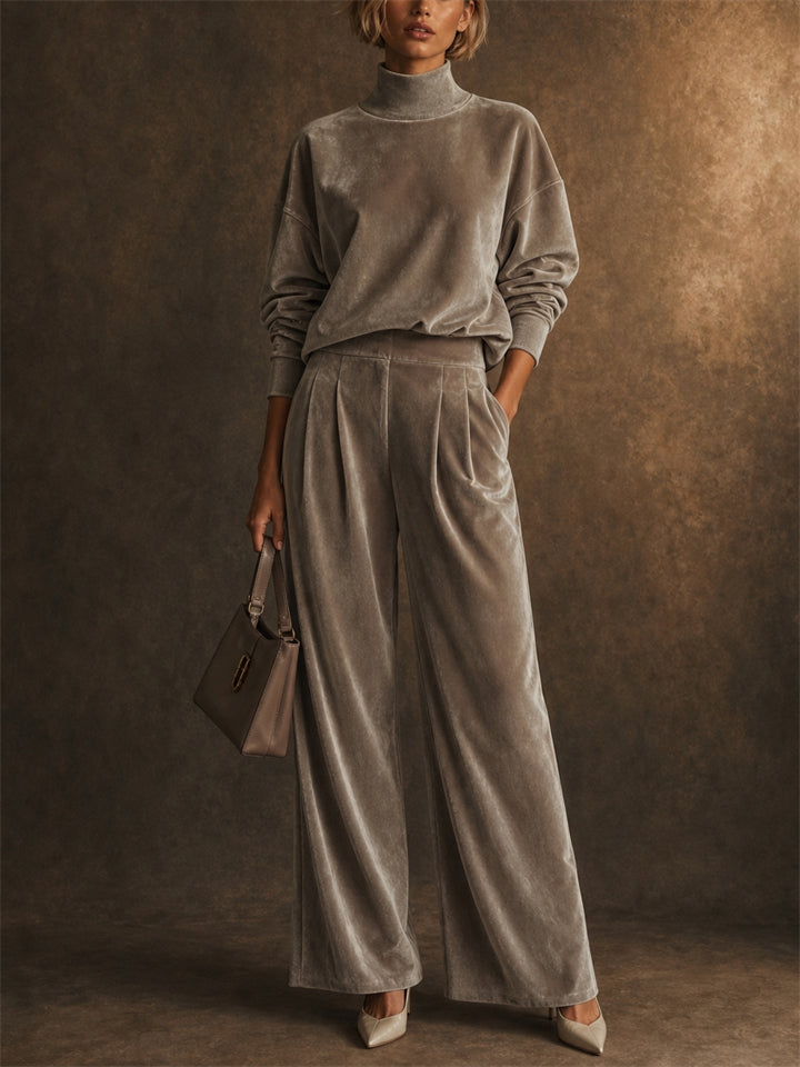 Women Velvet 2 Piece Set Mock Neck Pullover Top and Wide Leg Pants