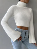 ‌White Autumn High-Neck Fuzzy Long-Sleeve Women's Knit Cropped Sweaters