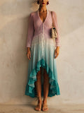 Women Boho Ombre V Neck Tiered Pleated Beach Maxi Dress