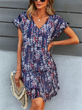 Women's Summer Printed Chiffon V Neck Ruffled Sleeve Dress