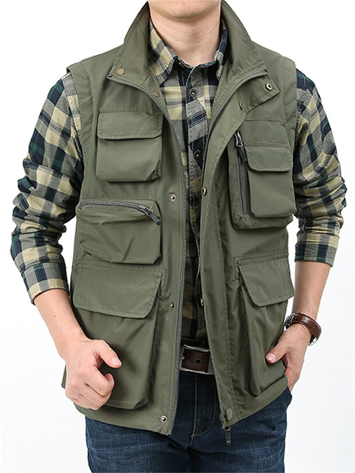 Men's Solid Color Pockets Casual Outdoor Sleeveless Vest Coats