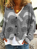 Women's Autumn Flower Print Button Up V Neck Cardigan Sweaters