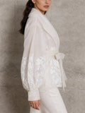 Women Sheer Floral Embroidered Wrap Blouse Lantern Sleeve Top