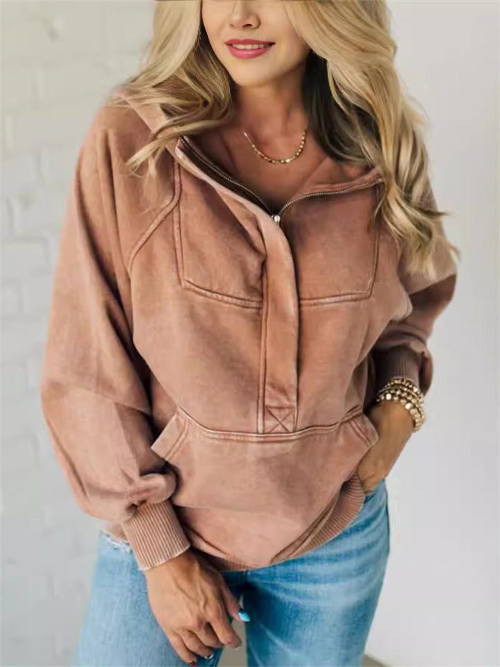 Loose Fit Half-zipper Washed Hoodies for Ladies