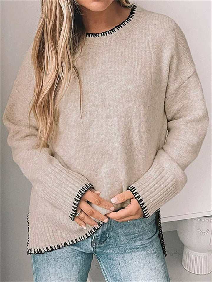 Women's Autumn Simple Commuter Contrast Trim Round Neck Asymmetric Hem Sweater