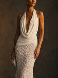 Women White Backless Halter 3D Rosette Floral Maxi Dress