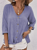 Casual Solid Color Loose Button Up V Neck Blouses for Women