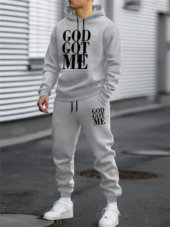 Men's Streetwear Tracksuit with "GOD GOT ME" Print Sports Hoodie Set
