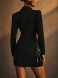 Women Black Beaded Blazer Dress with Faux Gold Crystal Pearl Fringe