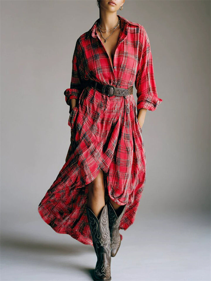 ‌Women‌'s Trendy Plaid Belted Asymmetric Maxi Shirt Dress