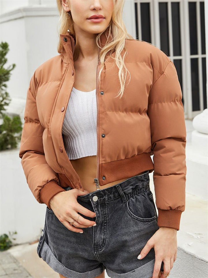 Women's Winter Solid Long-sleeved Cropped Puffer Coats