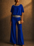 Women 2 Piece Causal Sequin BatWing Sleeve Top and Wide Leg Pants Set