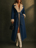 Women Long Sherpa Lined Denim Belted Winter Maxi Coats