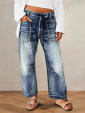 ‌Trendy Women's Casual‌ Drawstring Distressed Denim Pants Low-Waist Loose Fit