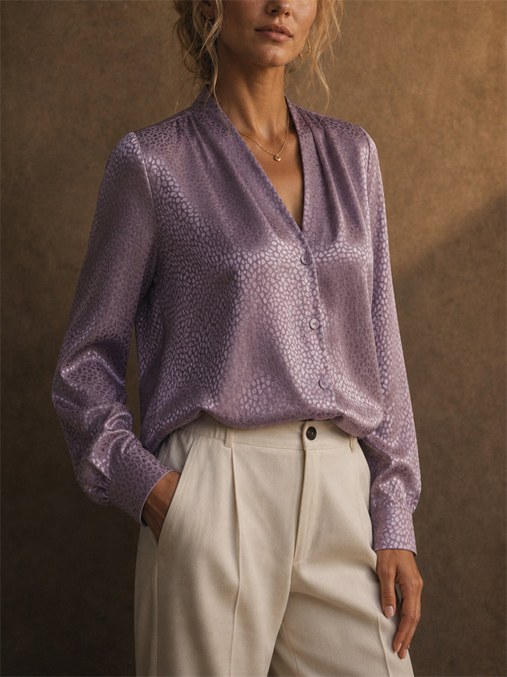Womens Purple Satin V Neck Button Down Leopard Print Blouses
