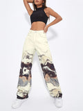 Casual Print High Rise Straight Denim Pants for Women
