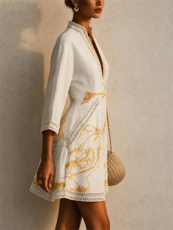 Women V Neck Boho Abstract Print Resort Lace Trim Mini Dress