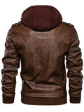 ‌Men's Stylish PU Leather Full-Zip Hooded Jacket with Pockets