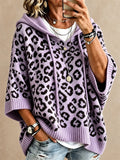 Women Leopard Print Oversized Pullover Hooded Poncho Knit Sweater