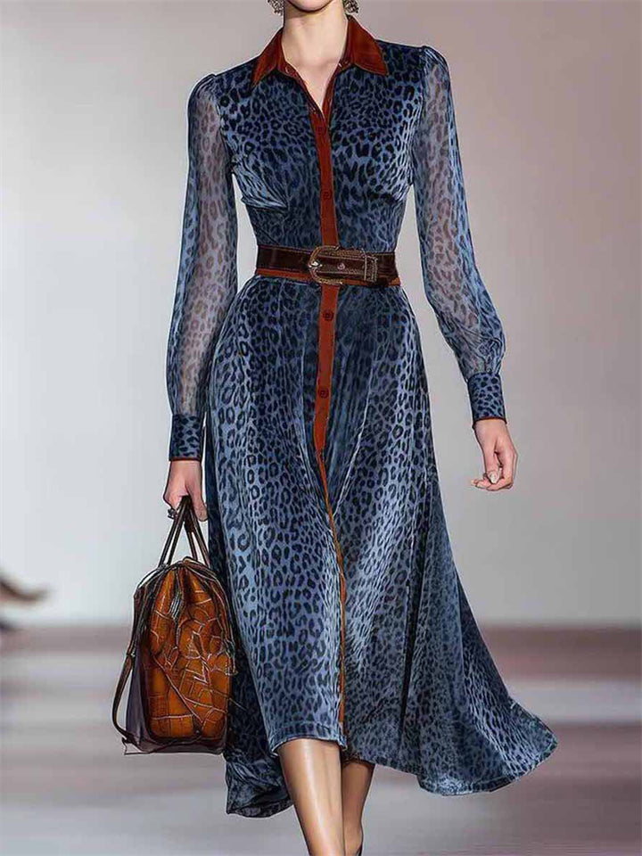 ‌Elegant Leopard Print Contrast Trim Long Shirt Dress for Women
