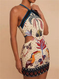 Women's Casual Print Halter Bellyband Lace-up Mini Dress