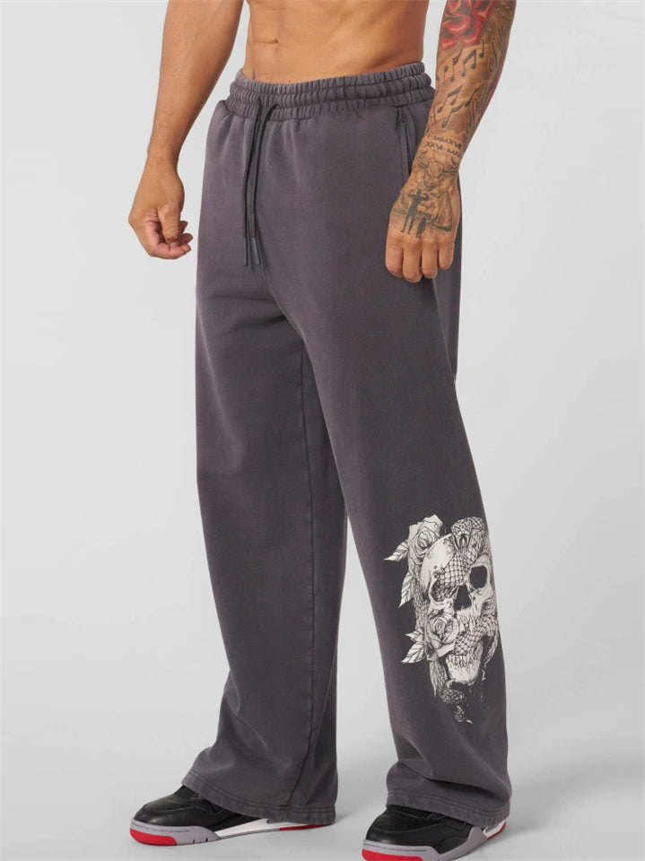 Men's Causal Printed Elastic Waist Drawstring Sporty Wide Leg Trousers