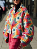 Women's Contrast Color Rainbow Flowers Print Long Sleeve Cardigan Coat